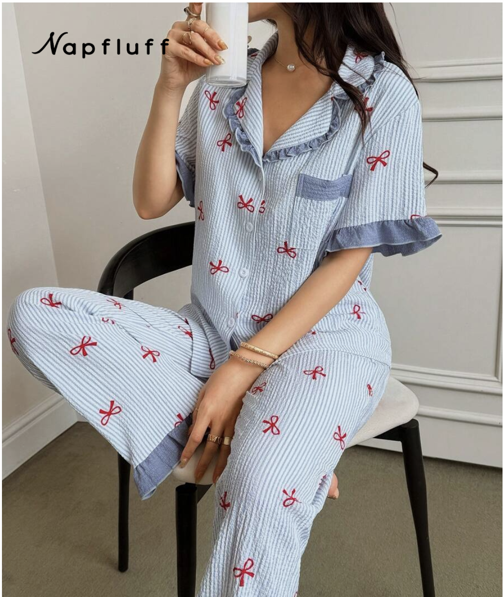 SHEIN طقم بيجامة للنساء بأكمام قصيرة وبنطال من القماش المجعد متعدد الألوان